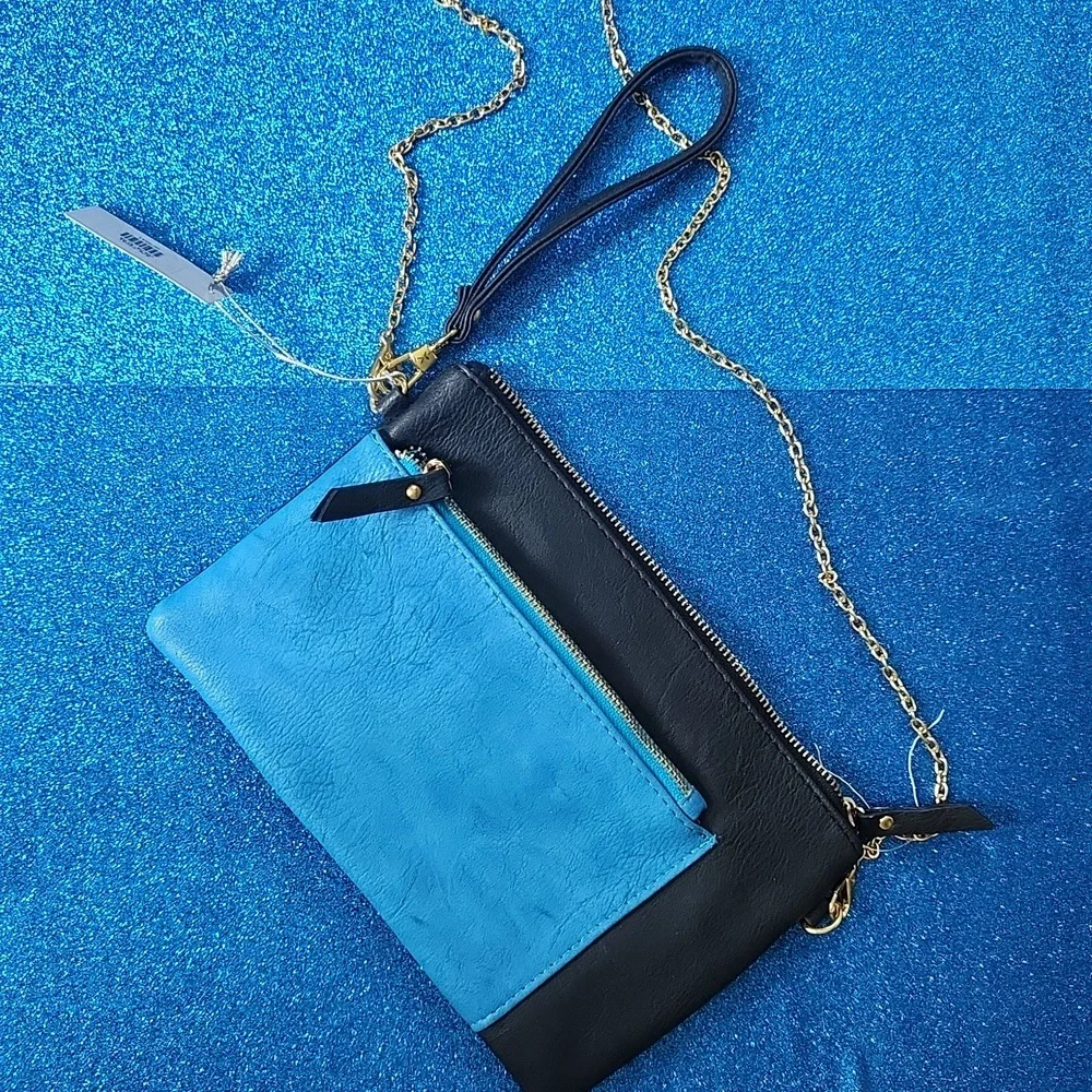 Chic Blue and Black Clutch with Gold Chain NwT